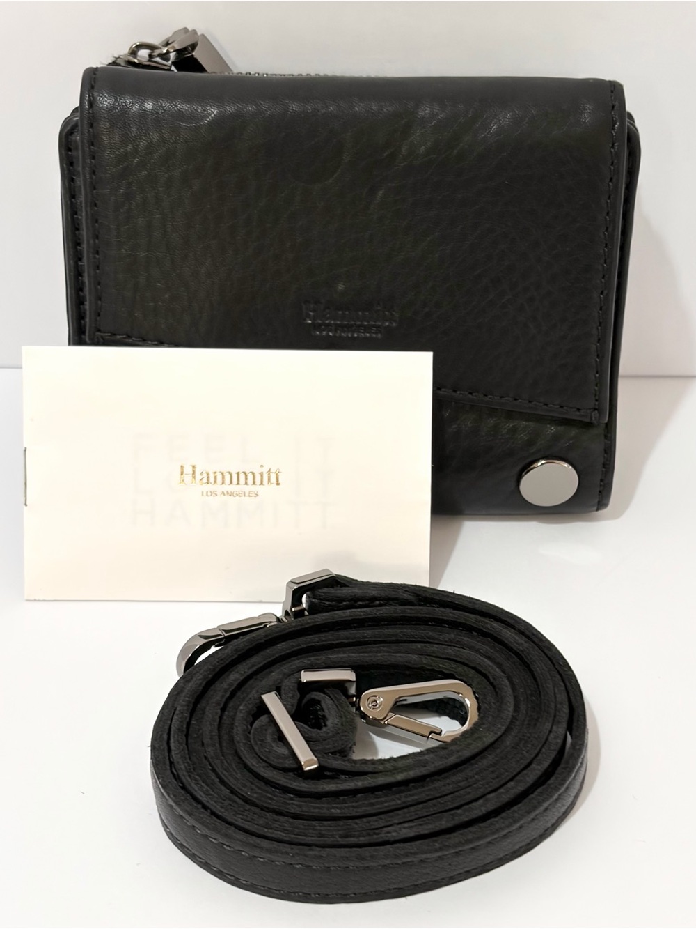 Hammitt Levy Small Black Pebbled Leather Compact Wallet/Crossbody with Strap